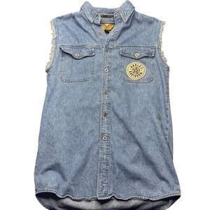 Harley Davidson Cut Off Denim Button Shirt Mens Small Blue Jean